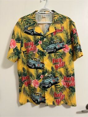Hey Y’all Tropical Hawaiian Button-Down Shirt with Green Palms Size Large